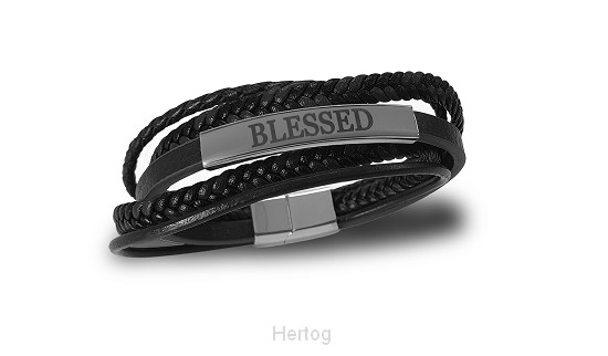 Armband leer blessed zwart 22cm