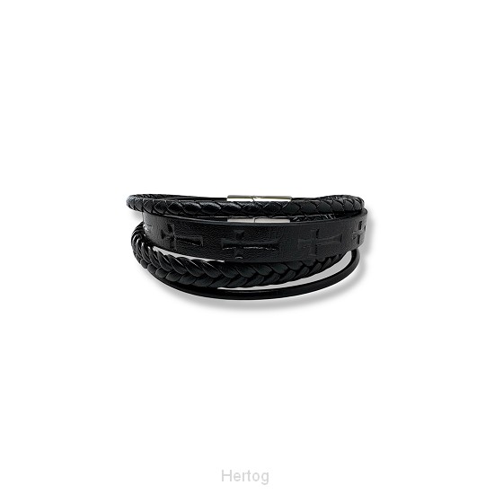 Leren armband diepdruk kruisjes zwart  2