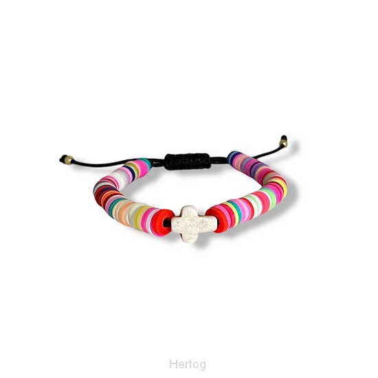 Trekkoord armband gekleurde kralen  roze