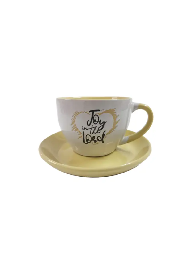 Cup and saucer Joy in the Lord Yellow