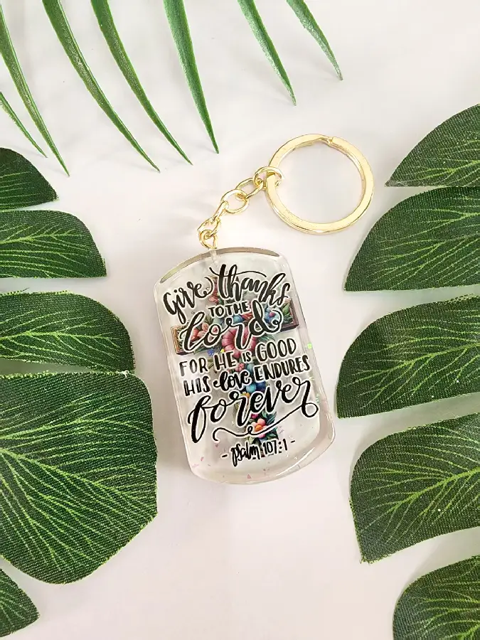 Epoxy resin keyring give thanks to the L